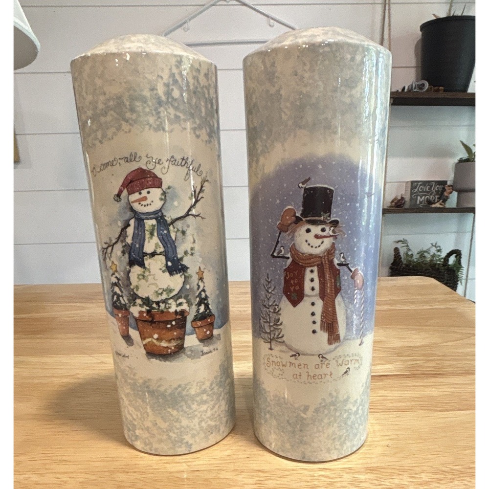 Pair of Cylindrical Snowman Themed Pillar Candle Holders